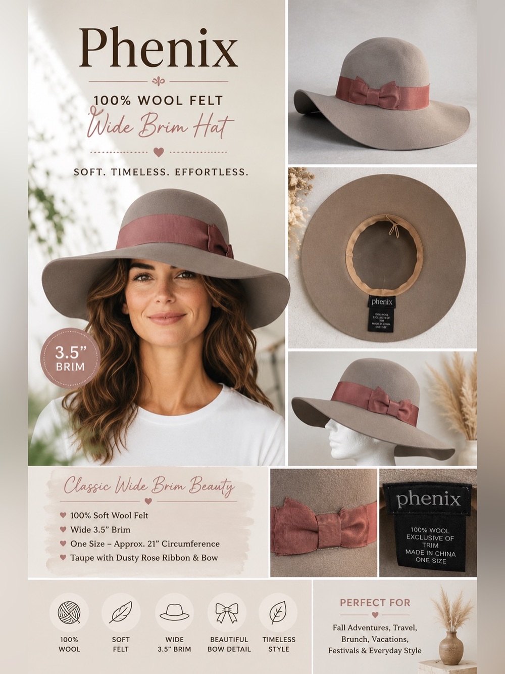 Phenix 100% Wool Felt Wide Brim Floppy Hat Taupe Rose Brown Bow One Size
